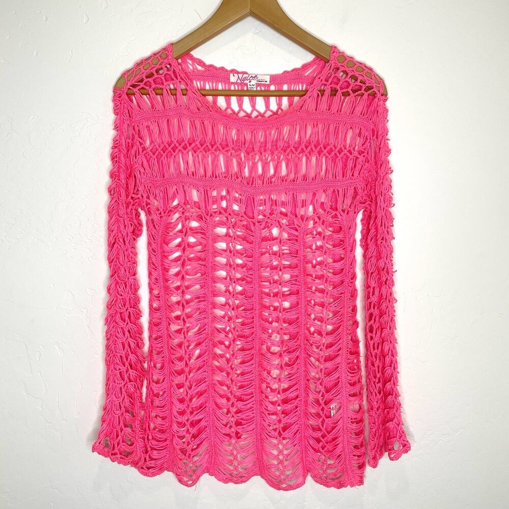 Nylon Apparel Bright Pink Long Sleeve Crochet Net Romantic Top Womens S/M